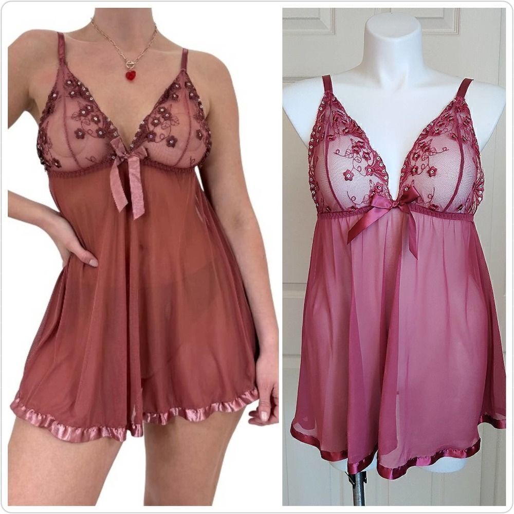 Sheer raspberry stretch lace babydoll chemise sz 1X